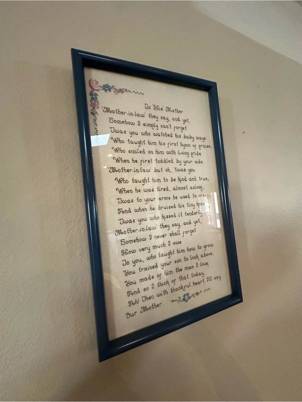 Framed 'To His Mother' Cross-Stitch Wall Art - Blue Frame
